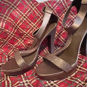 Ralph Lauren satin t-strap platform sandals with rhinestone embellishments.